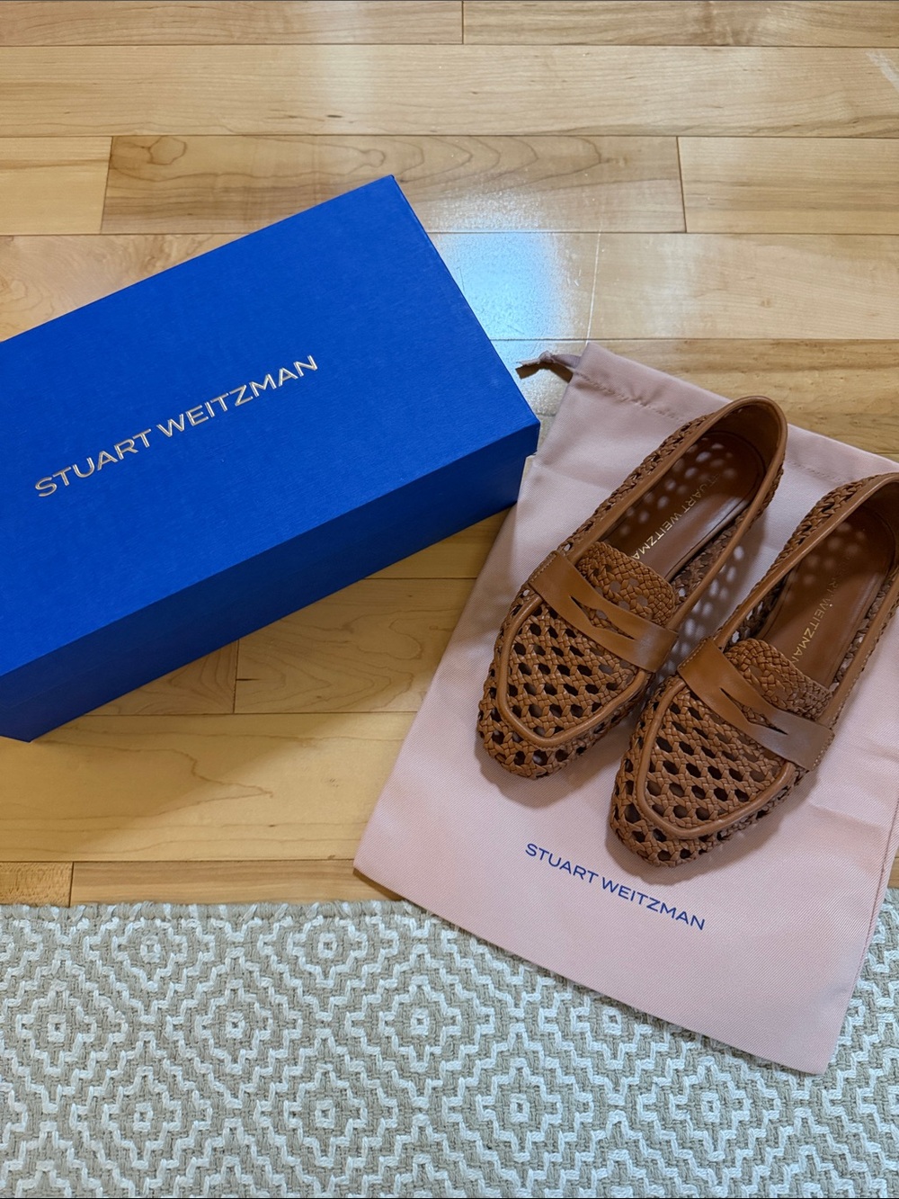 Stuart Weitzman Thea Woven Leather Penny Loafers in Cognac Brown size 38/7.5 B